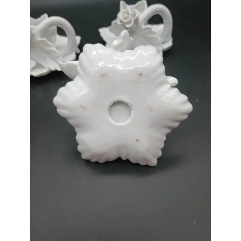 Trio Of White Rose Candle holders Handle Capodimonte Taper Delicate Damaged